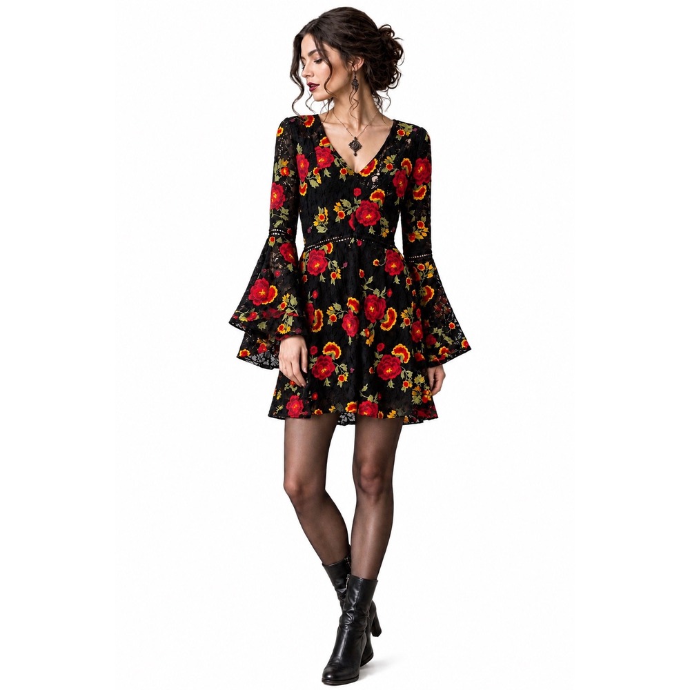 Alexia Admor Black Floral Embroidered Lace Mini Dress Bell Sleeve V-Neck 6